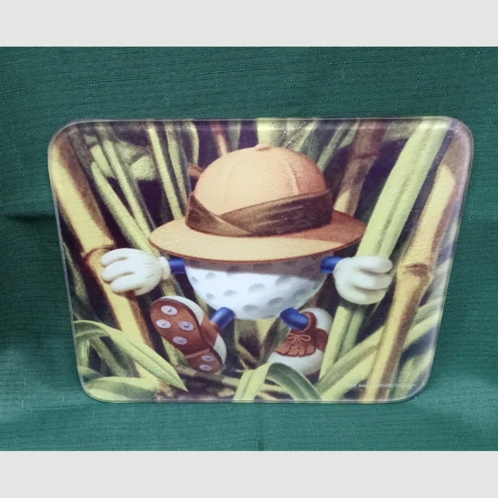 Golf Ball Looking For His Ball Glass Cutting Board 10" x 8" Safari Hat